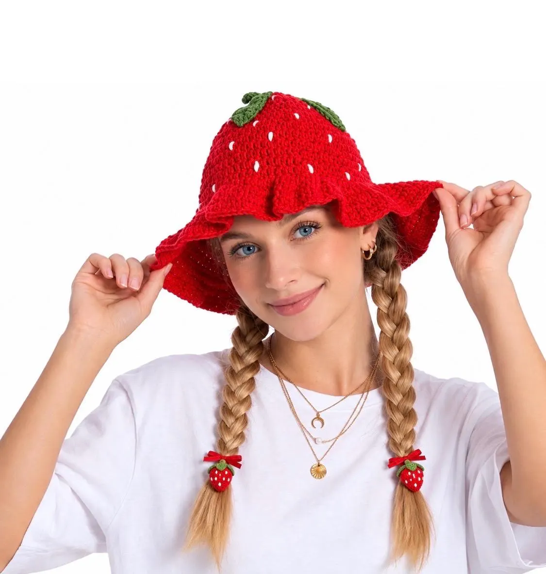 Handmade Crochet Strawberry Bucket Hat, product photo 4
