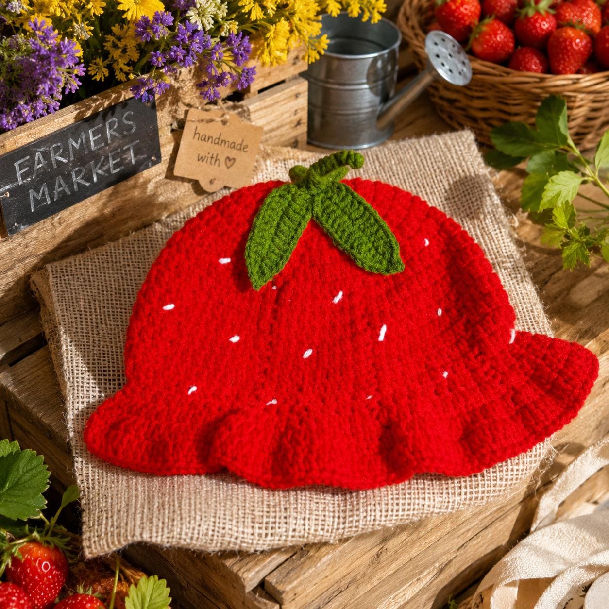 Handmade Crochet Strawberry Bucket Hat, product photo 1