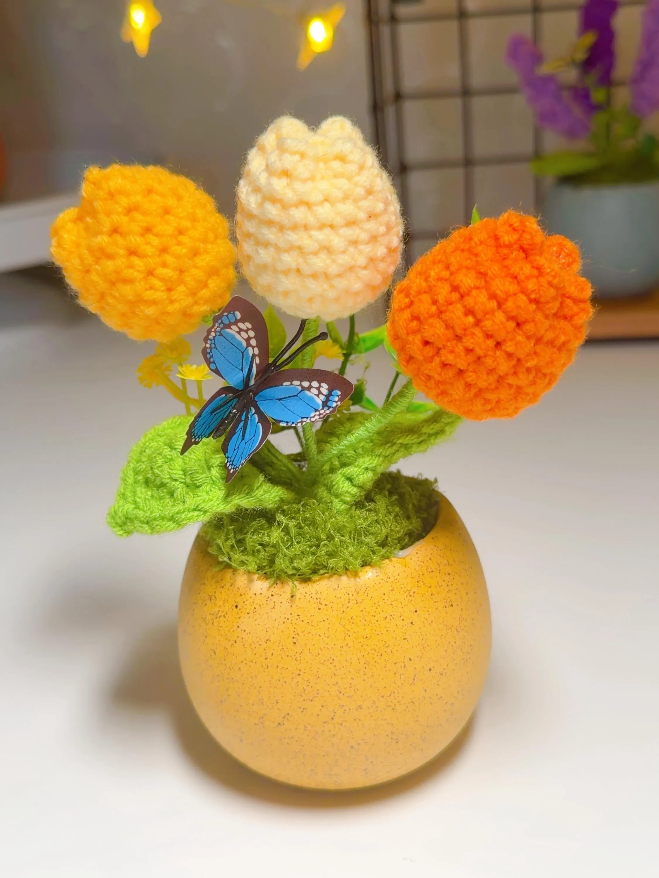 Orange, Yellow & Cream Crochet Tulip Arrangement, product photo 1