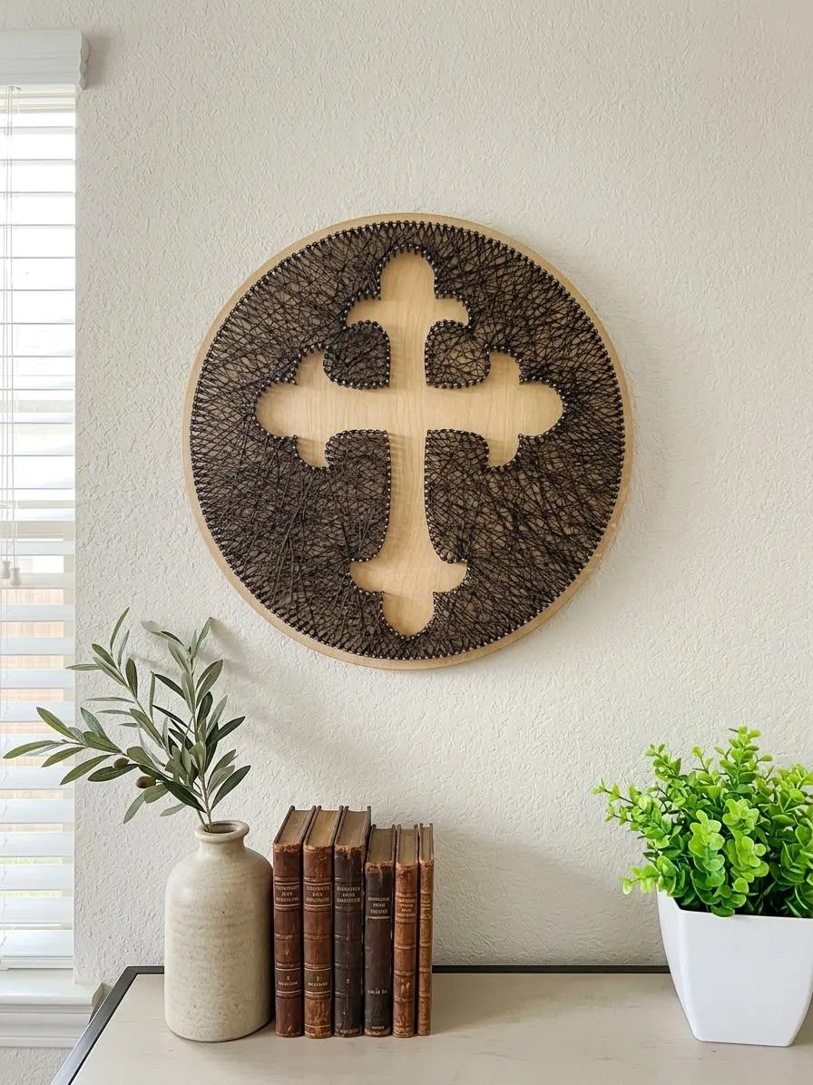Handmade Christian Cross String Art: Faith Home, product photo 1