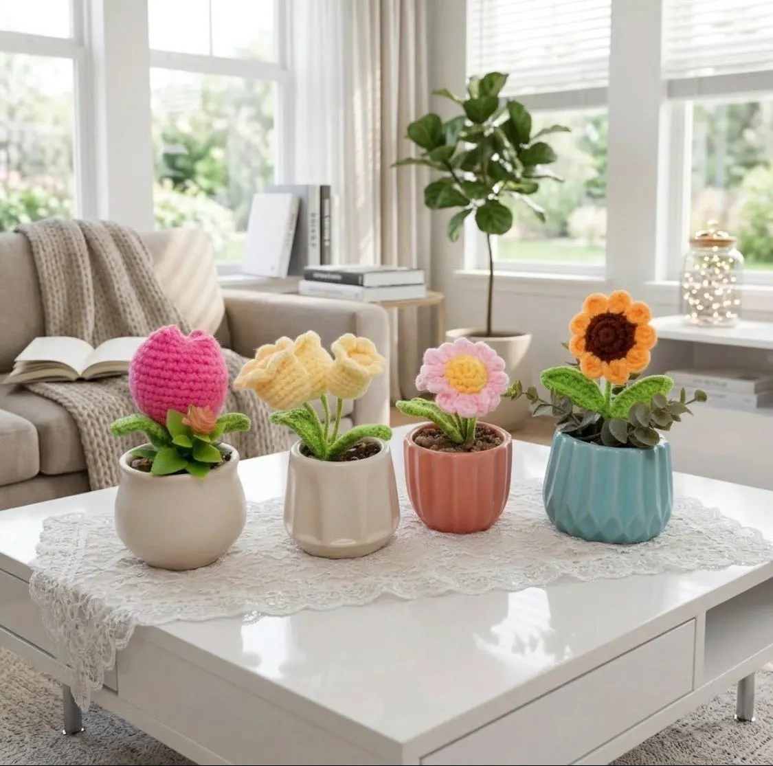 Crochet Pink Tulip in Ceramic Pot, product photo 3
