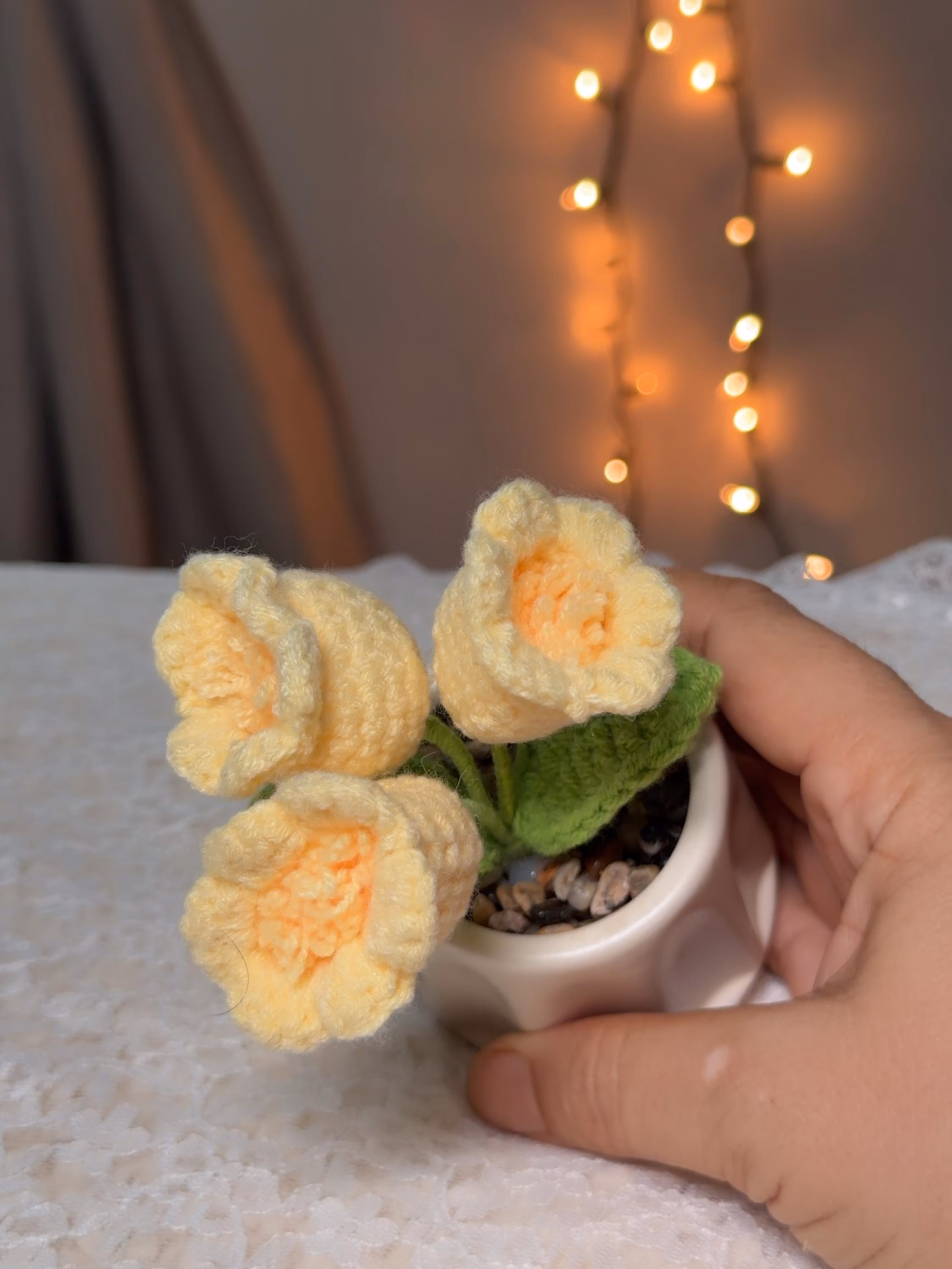 Crochet Yellow Bell Flower Lily in Ceramic Pot, product photo 4