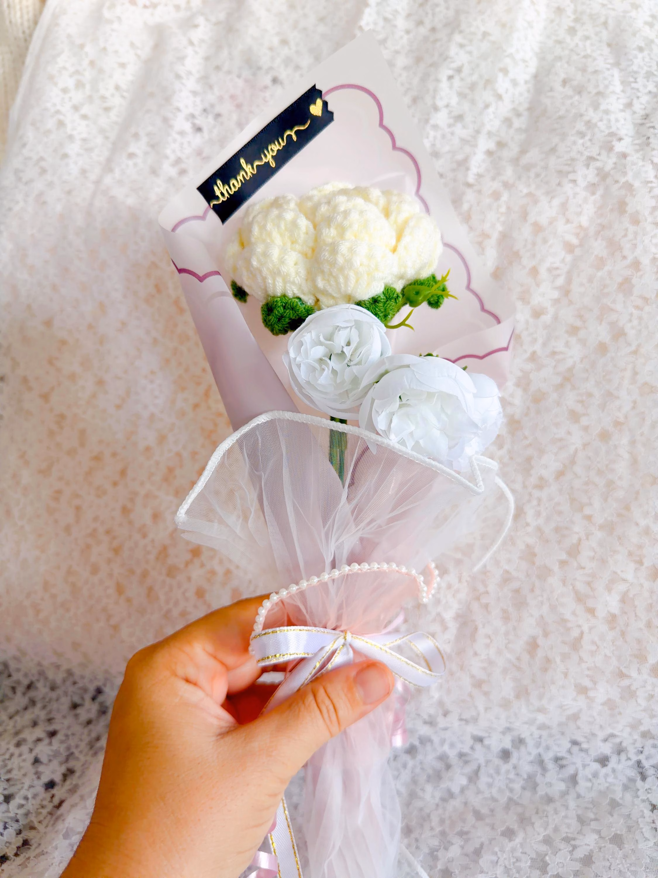 Handmade White Crochet Lily Flowers Bouquet, product photo 1