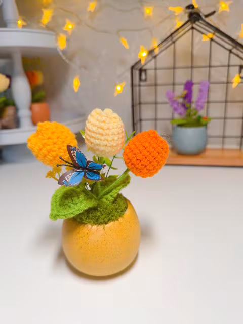 Orange, Yellow & Cream Crochet Tulip Arrangement, product photo 4
