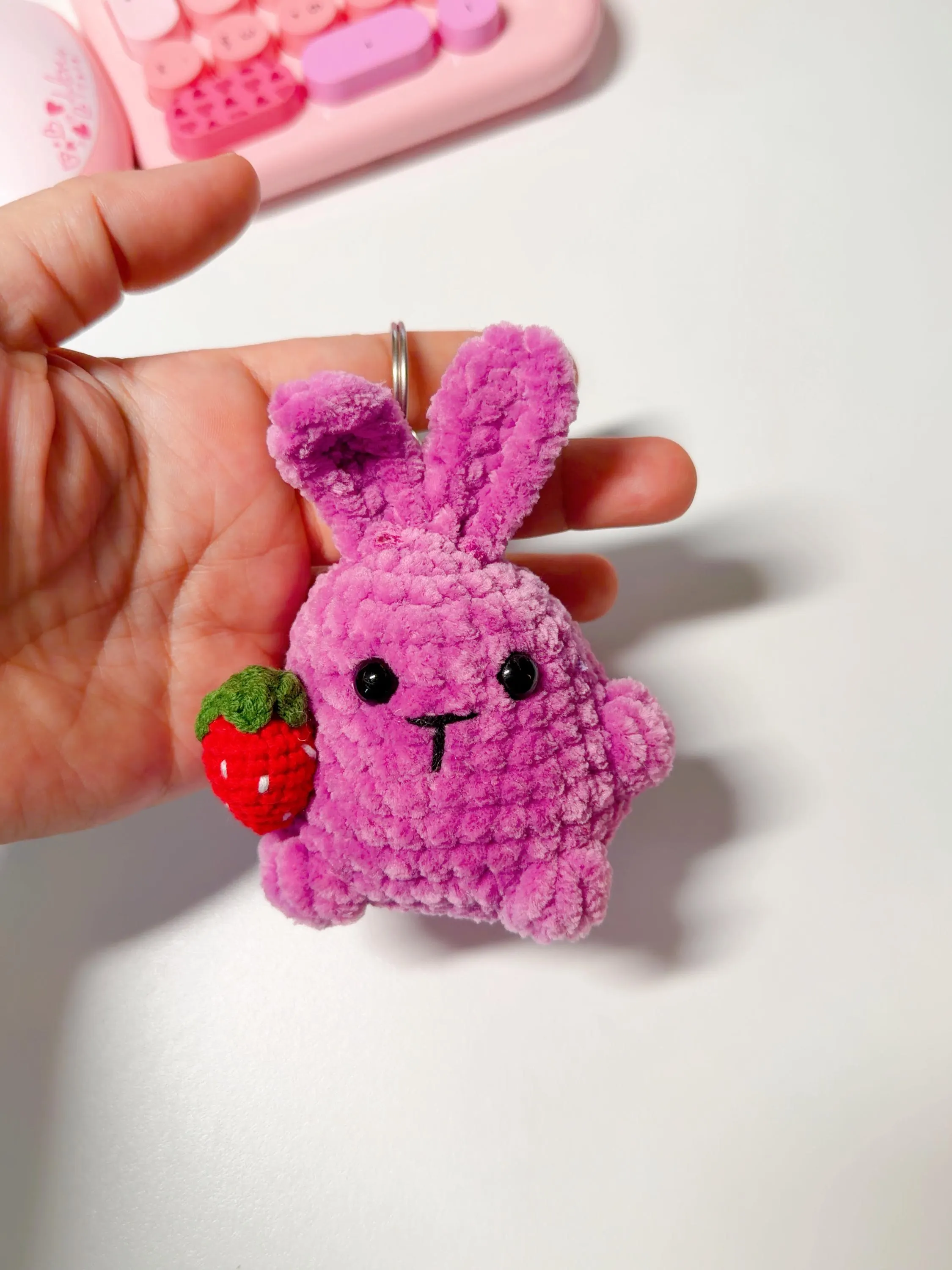 Crochet Strawberry Bunny Plush Keychain, product photo 12
