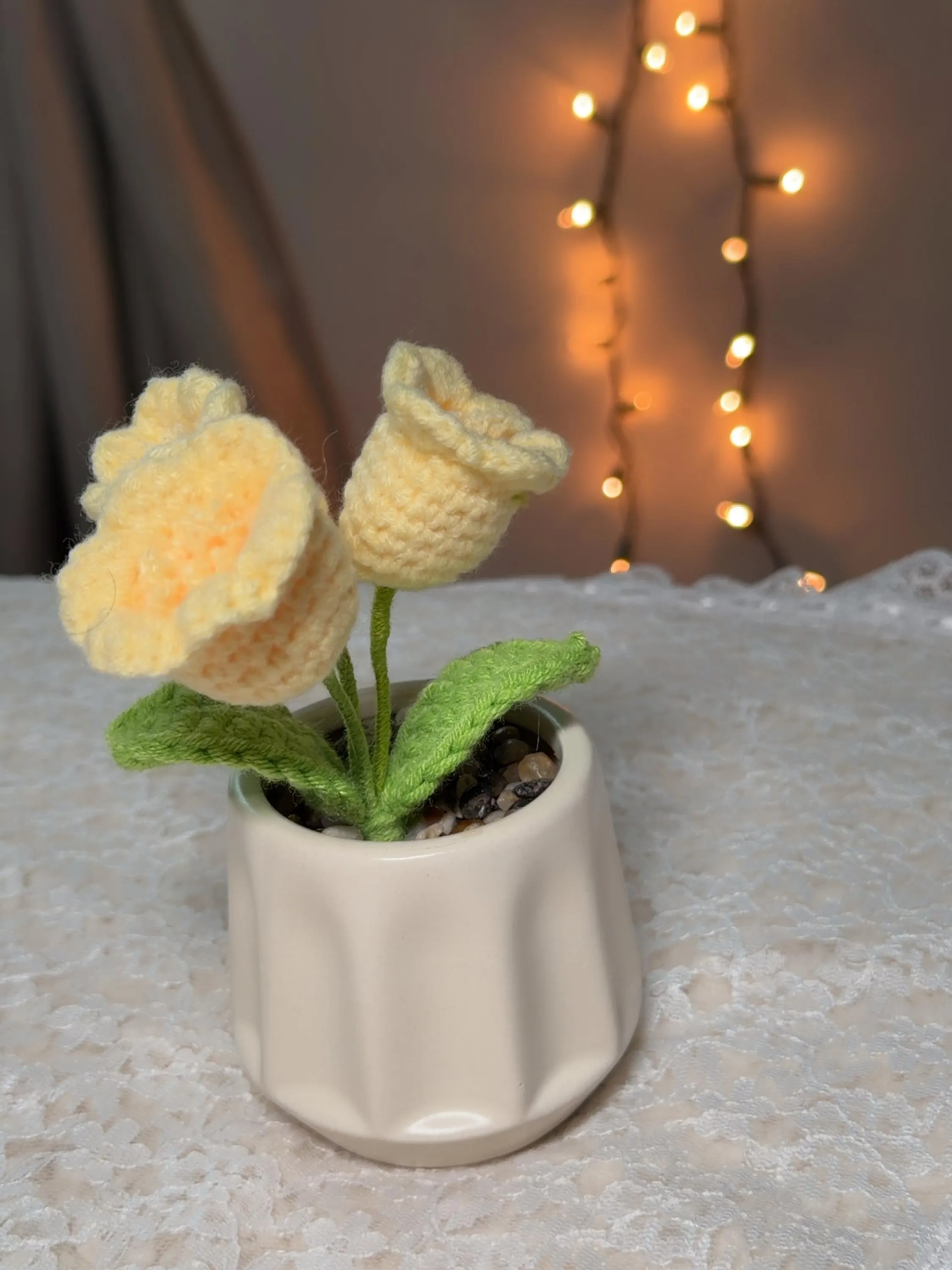 Crochet Yellow Bell Flower Lily in Ceramic Pot, product photo 5