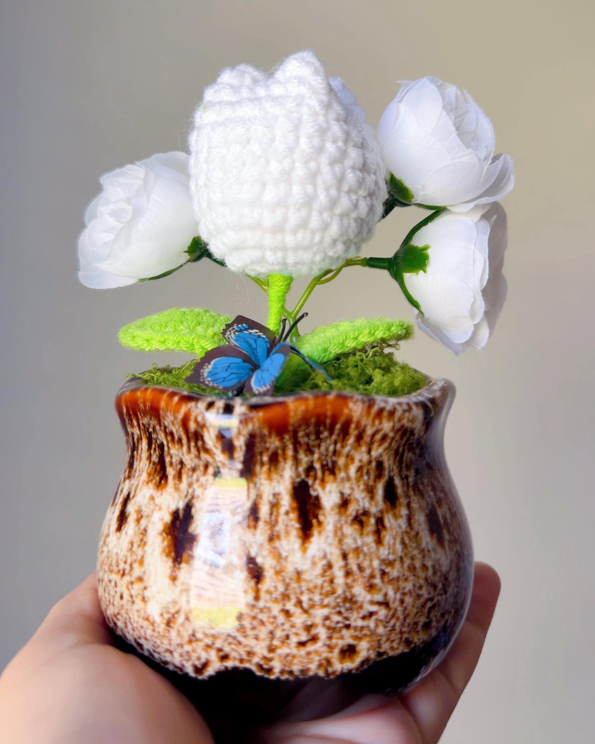 Handmade White Crochet Flower Arrangement in, product photo 3